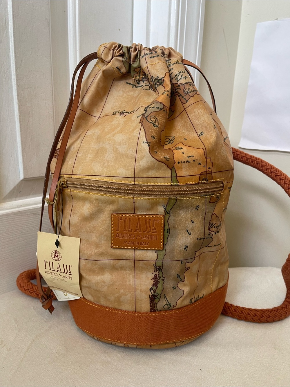 Alviero Martini Tan Map-Print Drawstring Backpack with Brown Trim NWT